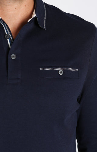 Navy Luxe Cotton Interlock Long Sleeve Polo - JACHS NY