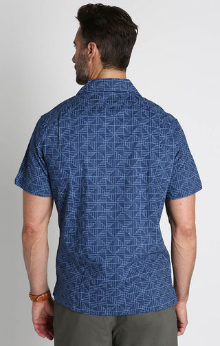 Indigo Geo Print Short Sleeve Rayon Camp Shirt - JACHS NY