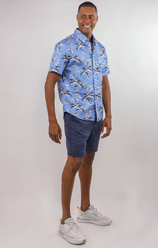 Blue Palm Tree Print Bay Short Sleeve Oxford Shirt - JACHS NY