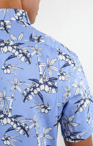 Blue Palm Tree Print Bay Short Sleeve Oxford Shirt - JACHS NY