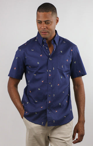 Navy Surfer Print Bay Short Sleeve Oxford Shirt - JACHS NY