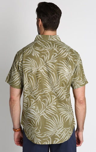 Olive Monstera Print Short Sleeve Cotton Linen Shirt - JACHS NY