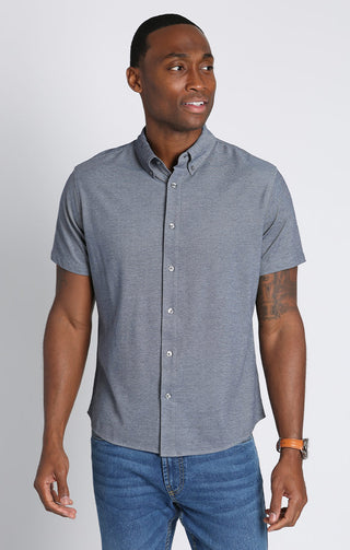 Navy Short Sleeve Knit Oxford Shirt - JACHS NY