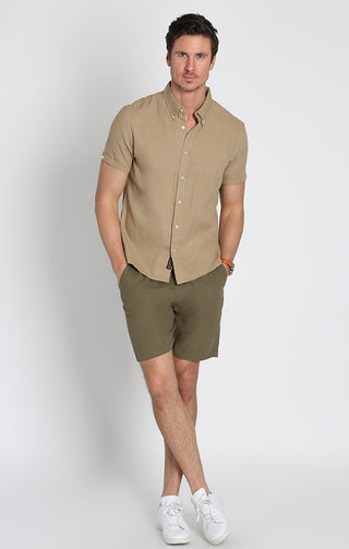 Tan Linen Blend Short Sleeve Shirt - JACHS NY