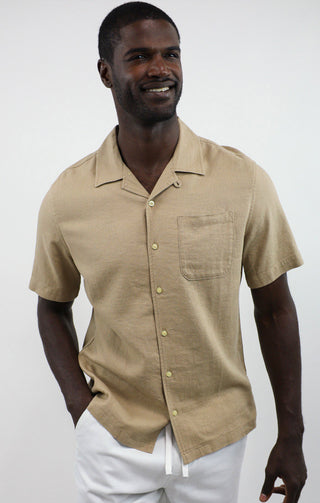 Tan Linen Suffolk Short Sleeve Camp Shirt - JACHS NY