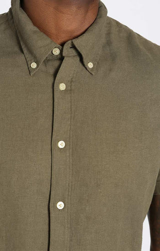 Olive Linen Blend Short Sleeve Shirt - JACHS NY