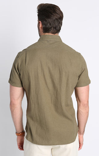 Olive Linen Blend Noho Short Sleeve Shirt - JACHS NY