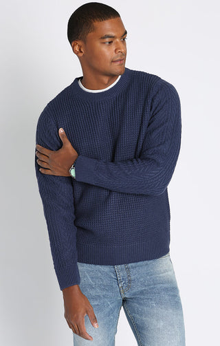 Navy Mixed Stitch Crewneck Sweater - JACHS NY