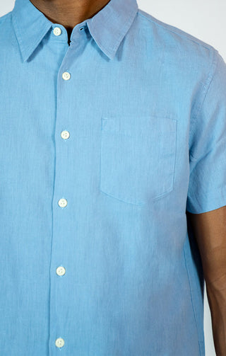 Blue Cotton Linen Short Sleeve Shirt - JACHS NY