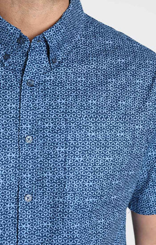 Navy Micro Star Print Short Sleeve Oxford Shirt - JACHS NY