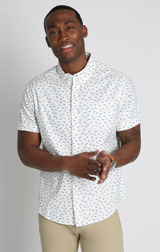 White Feather Print Short Sleeve Oxford Shirt - JACHS NY