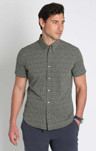 Olive Star Print Knit Oxford Stretch Short Sleeve Shirt - JACHS NY