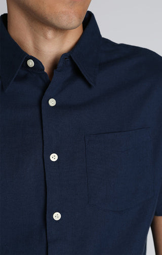 Navy Cotton Linen Short Sleeve Shirt - JACHS NY