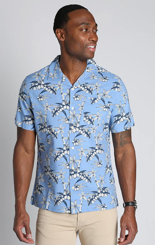 Blue Tropical Print Rayon Short Sleeve Camp Shirt - JACHS NY