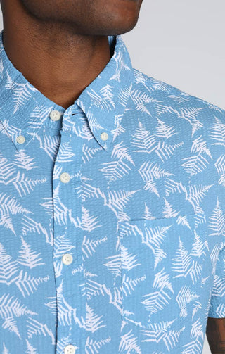 Light Blue Leaf Print Seersucker Short Sleeve Shirt - JACHS NY