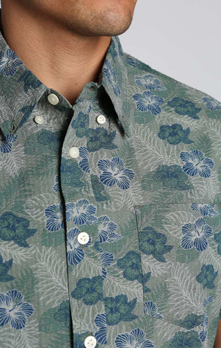 Olive Floral Print Seersucker Short Sleeve Shirt - JACHS NY