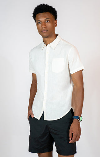 Ivory Cotton Linen Short Sleeve Shirt - JACHS NY