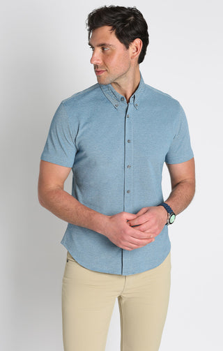 Blue Knit Oxford Stretch Short Sleeve Shirt - JACHS NY