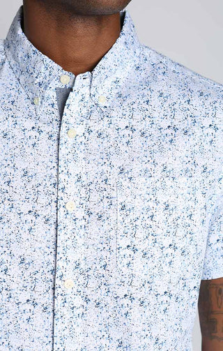 White Splatter Print Stretch Poplin Short Sleeve Shirt - JACHS NY