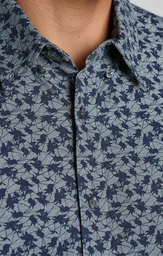 Blue Printed Stretch Knit Oxford Short Sleeve Shirt - JACHS NY