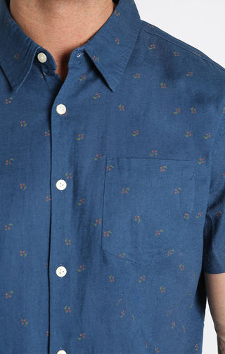 Blue Micro Bouquet Short Sleeve Cotton Linen Shirt - JACHS NY