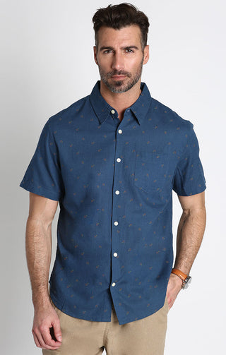 Blue Micro Bouquet Short Sleeve Cotton Linen Shirt - JACHS NY
