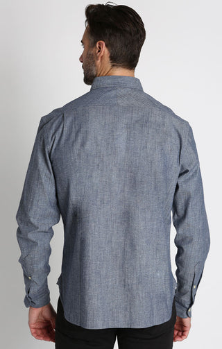 Indigo Stretch Chambray One Pocket Long Sleeve Shirt - JACHS NY