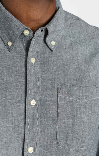 Grey Stretch Chambray One Pocket Long Sleeve Shirt - JACHS NY