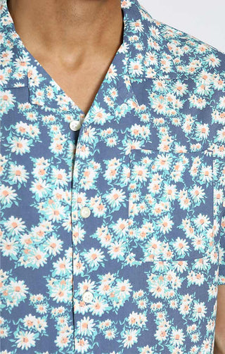Blue Micro Floral Print Rayon Short Sleeve Camp Shirt - JACHS NY