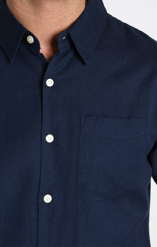 Deep Navy Cotton Linen Short Sleeve Shirt - JACHS NY