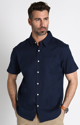 Deep Navy Cotton Linen Short Sleeve Shirt - JACHS NY