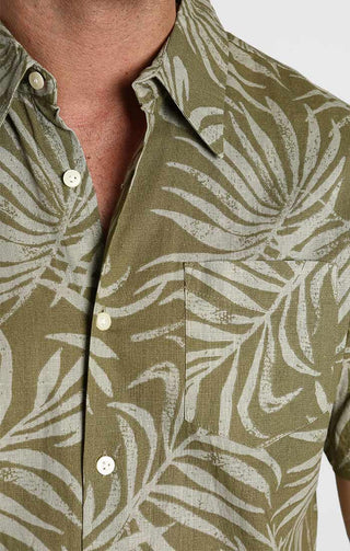 Olive Monstera Print Short Sleeve Cotton Linen Shirt - JACHS NY