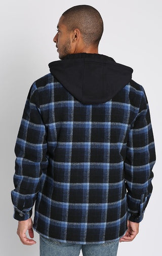 Navy Plaid Wool Blend Hooded Jacket - JACHS NY