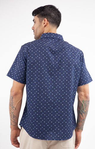 Navy Printed Short Sleeve Poly Spandex Tech Shirt - JACHS NY