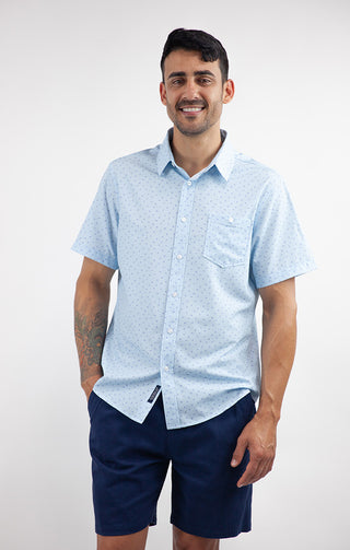 Light Blue Printed Short Sleeve Poly Spandex Shirt - JACHS NY