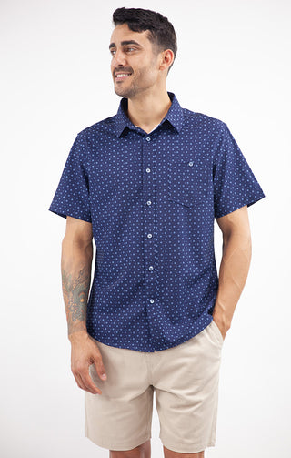 Indigo Printed Short Sleeve Poly Spandex Tech Shirt - JACHS NY