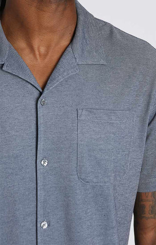 Navy Short Sleeve Knit Oxford Camp Shirt - JACHS NY
