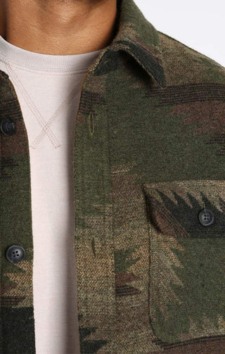Olive Aztec Sherpa Lined Wool Blend Shirt Jacket - JACHS NY
