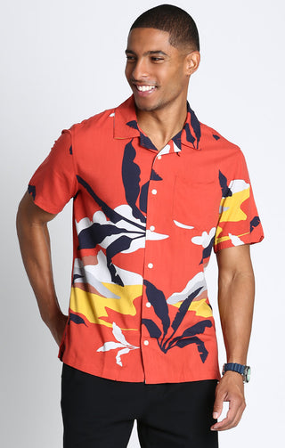 Orange Tropical Print Rayon Short Sleeve Camp Shirt - JACHS NY
