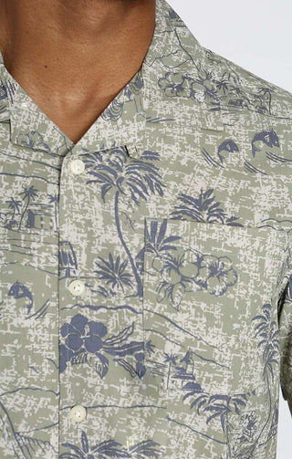 Olive Island Print Rayon Short Sleeve Camp Shirt - JACHS NY