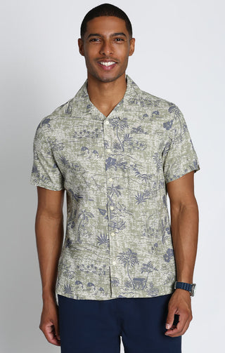 Olive Island Print Rayon Short Sleeve Camp Shirt - JACHS NY