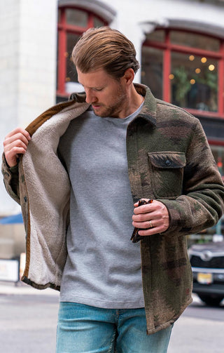 Olive Aztec Sherpa Lined Wool Blend Shirt Jacket - JACHS NY