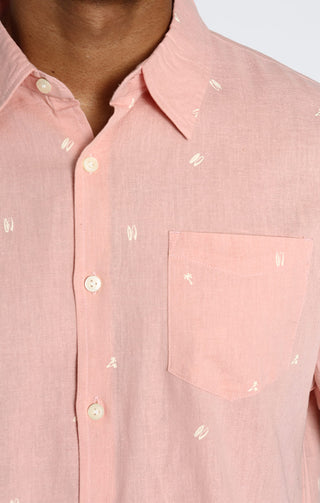 Pink Surfer Print Short Sleeve Cotton Linen Shirt - JACHS NY
