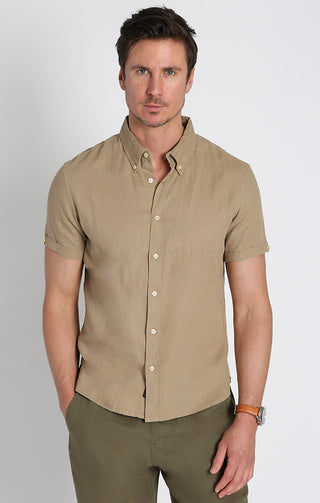 Tan Linen Blend Short Sleeve Shirt - JACHS NY