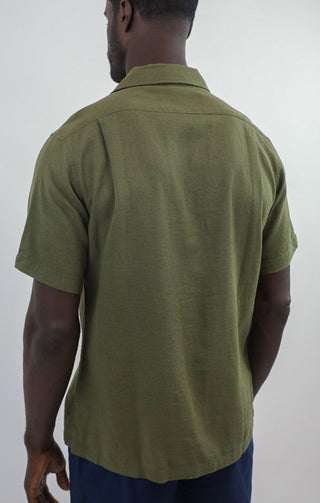 Olive Linen Suffolk Short Sleeve Camp Shirt - JACHS NY