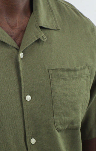 Olive Linen Suffolk Short Sleeve Camp Shirt - JACHS NY