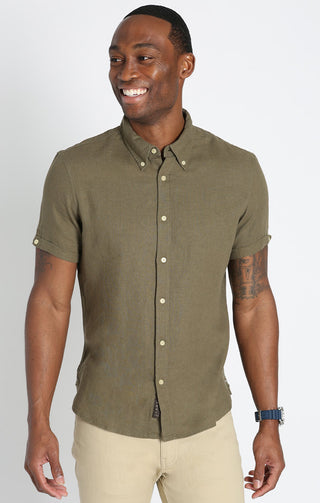 Olive Linen Blend Short Sleeve Shirt - JACHS NY