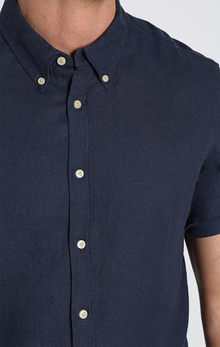 Indigo Linen Blend Short Sleeve Shirt - JACHS NY