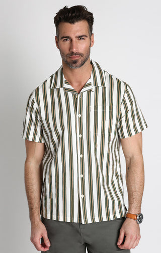 White and Green Stripe Short Sleeve Rayon Camp Shirt - JACHS NY