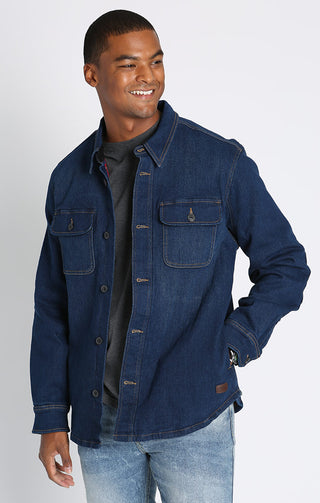 Washed Indigo Stretch Flannel Lined Denim Jacket - JACHS NY